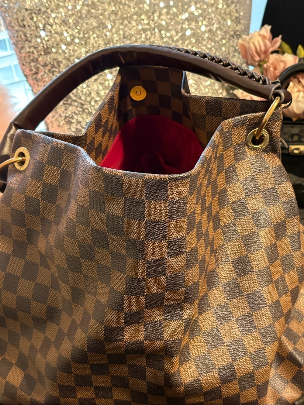 Checker-Pattern Brown Shoulder Bag with Red Interior